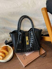 SHIMEINI 2pcs/Set New Fashion Woven Hollow Strap Decor Shoulder Handbag Crossbody Bag Suitable For Women's Daily Use, Work Commute, Vacation Travel, Holiday, Party, Shopping, Gift - Black - View 7