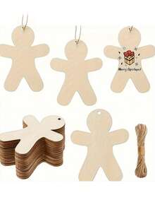 10/20pcs Unfinished Wooden Human-Shaped Hanging Ornaments, Suitable For DIY Christmas Tree Decoration, Handmade Blank Christmas Theme Wall Hanging Decor With 10m Jute Rope, Multi-Purpose Holiday - A - View 6