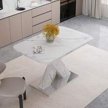120CM-160CM Modern Rectangle Dining Table, Stretchable, With Printed White Marble Table Top+MDF X-Shape Table Leg With Metal Base - 白色 - 查看 4