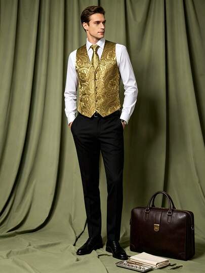 1pc Men Plus Jacquard Print Waistcoat & 1pc Tie