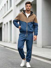 1pc Men's Autumn/Winter Colorblock Hooded Sports Set, Zip-Up Hooded Jacket + Drawstring Cuffed Jogger Pants, Contrast Color Patchwork Sweatshirt Set - Navy Blue - View 1