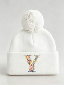 1pc Baby Beanies Boy Girls White Pom-Pom Cap With A-Z Letter Colorful Floral Hat For Boys And Girls Ages 0-8Y, For Hat Accessories Winter Warm Hat - Multicolor - View 45