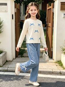 Tween Girls' Casual Fashion Bow Ribbon Round Neck Long Sleeve Top And Straight Leg Pants 2 Pieces Set, Spring/Autumn - Blue - View 1