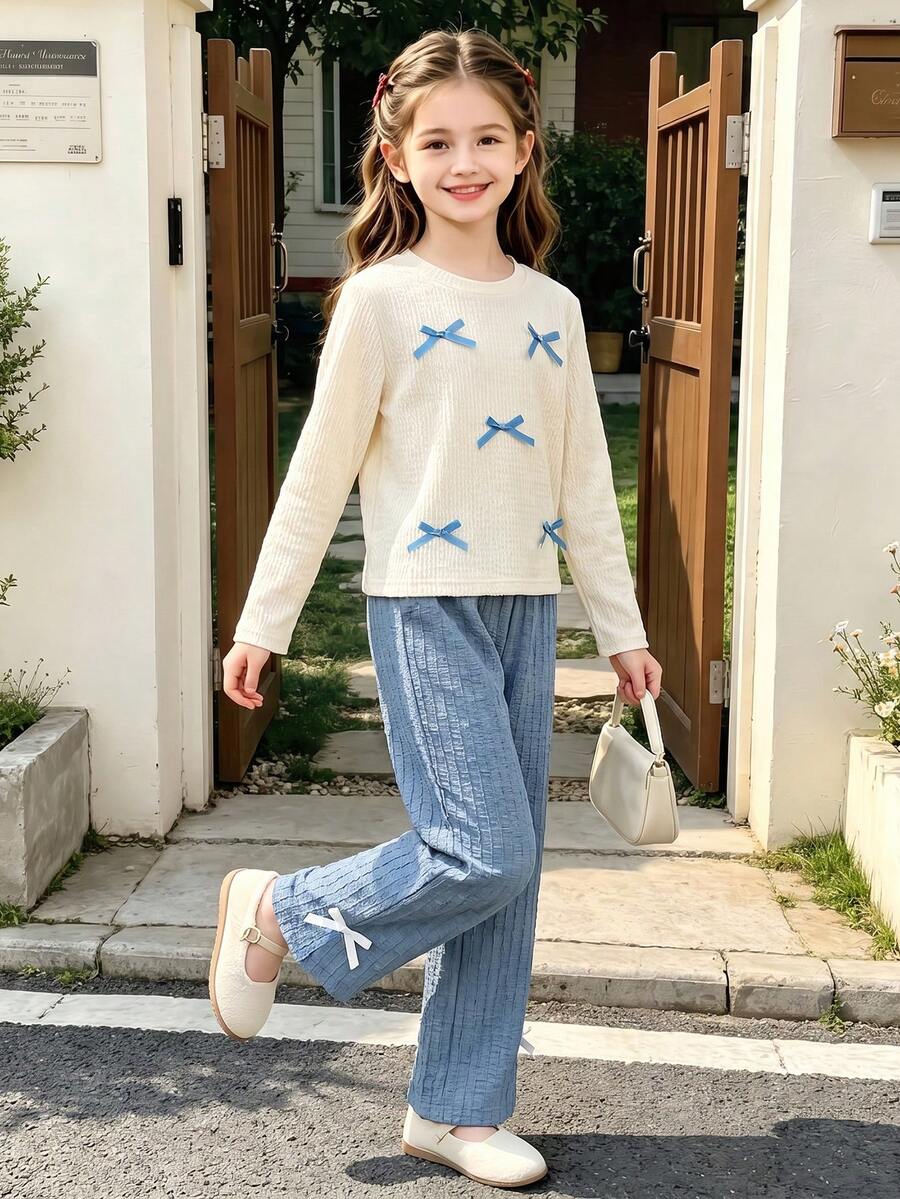 Tween Girls' Casual Fashion Bow Ribbon Round Neck Long Sleeve Top And Straight Leg Pants 2 Pieces Set, Spring/Autumn - Blue - View 1