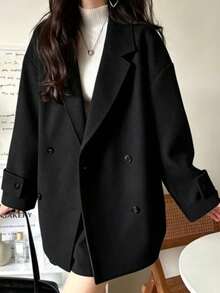 Women's Black Loose Double-Breasted Coat, Regular Length Fabric Autumn/Winter Outerwear - Black - View 4