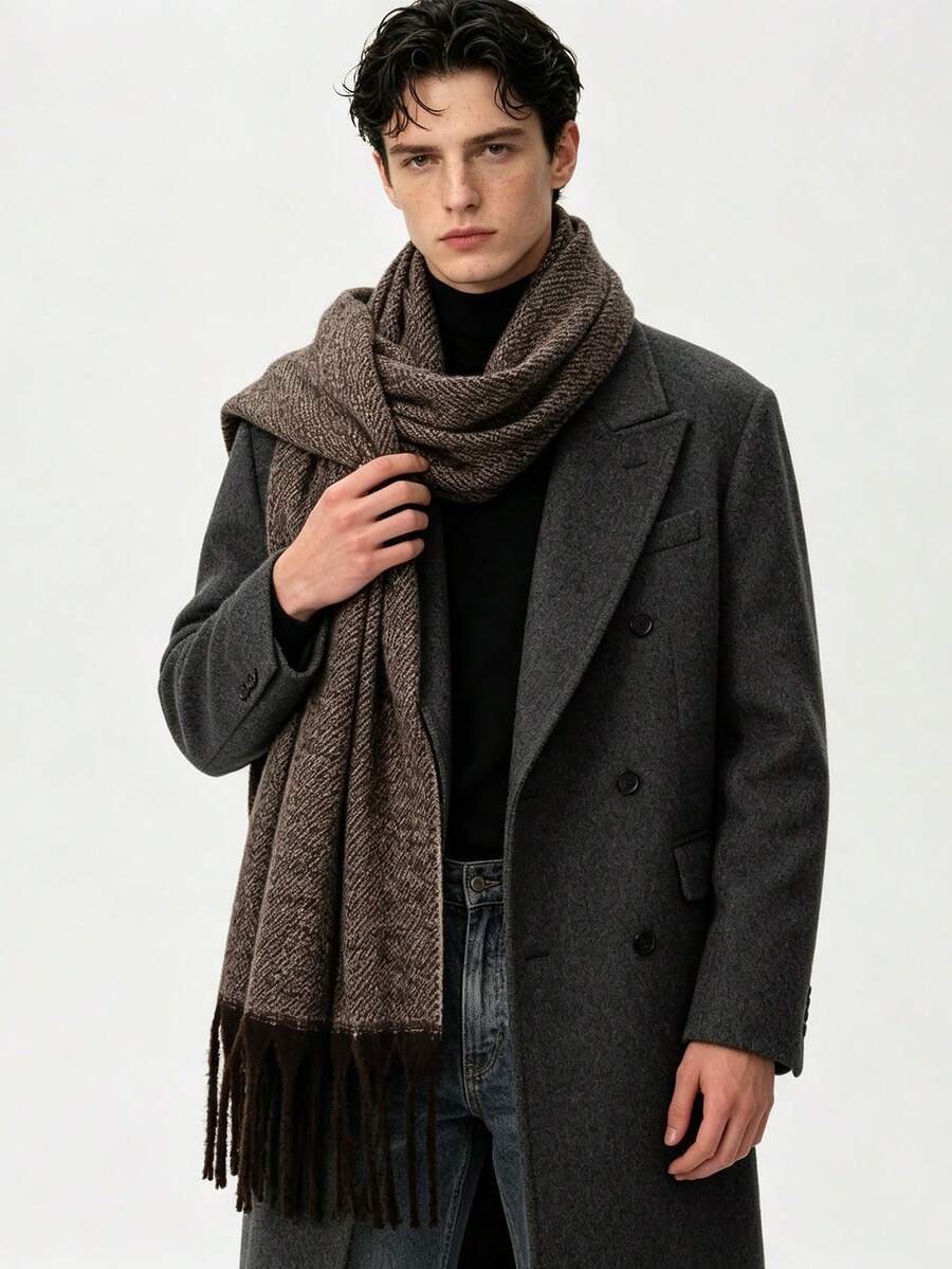 Low-Key Premium Solid Color Men's Long Fur Scarf, Thick Soft Fabric, Intellectual Style Daily Wear Warm Neck Warmer, Oversized Wide Shawl - Coffee and Cream - View 1