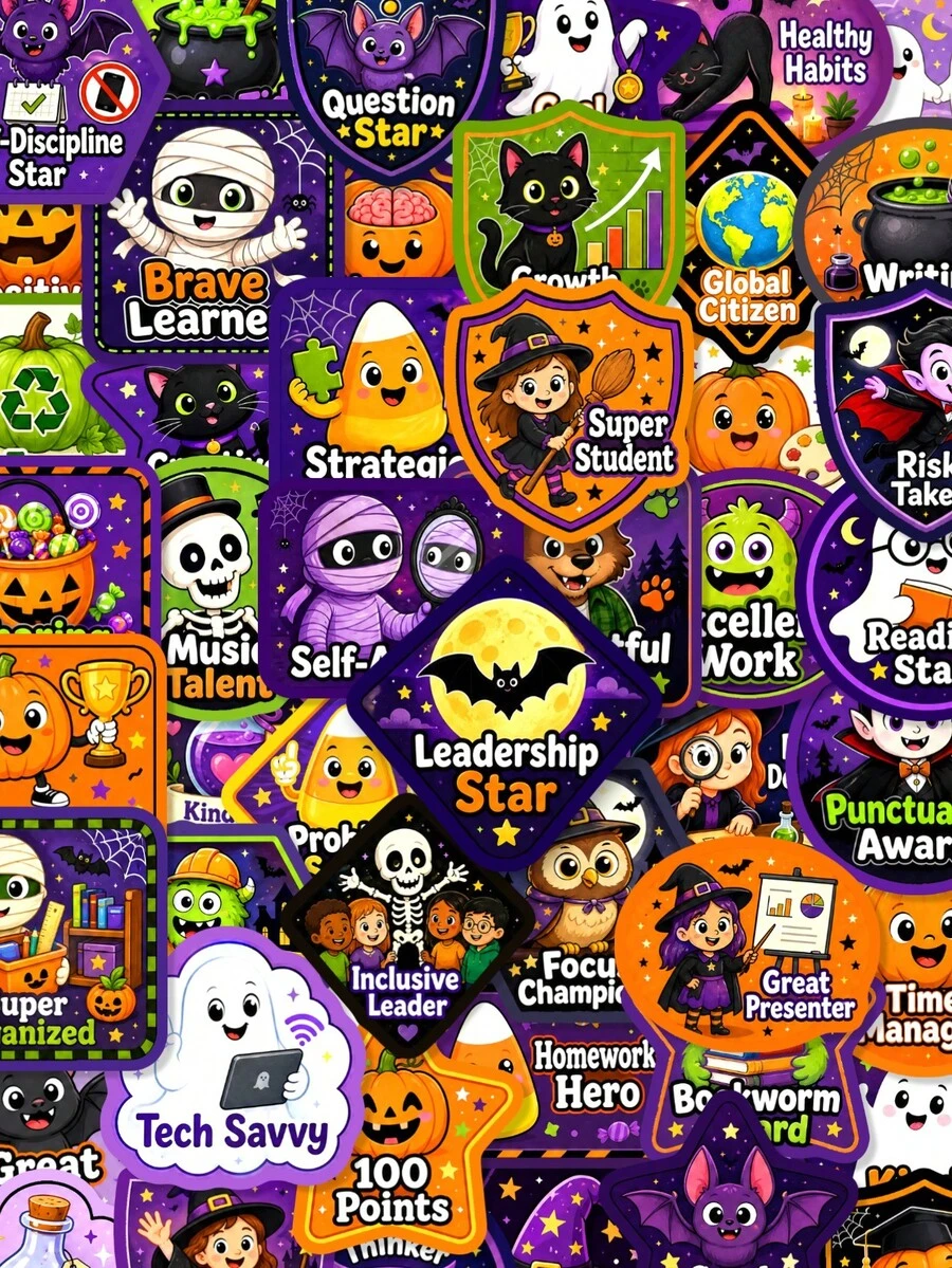 50Pcs Halloween Reward Motivational Stickers, Spooky Positive Praise Decor Supplies, Ghost Mummy Bat Pumpkin Decals For Classroom Incentives, Envelope Sealing, Planner & Scrapbook DIY Craft Projects - Multicolor - View 1