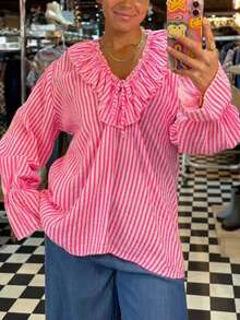 Blus Wanita Baru dengan Motif Garis-Garis dan Rumbai/Ruffle, Atasan Baru untuk Liburan Pantai Musim Gugur/Dingin Warna Pink - Berwarna merah muda - View 2