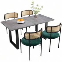 طقم طاولة وكراسي الطعام، طقم من 5 قطع، 4 كراسي طعام من المخمل & 1 طاولة طعام مستطيلة، طاولة قهوة للاستجمام، كرسي استجمام من الخيزران، بساطة حديثة، رمادي + أخضر + أسود - أسود + رمادي - مشاهدة 2