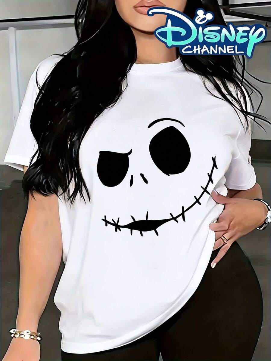 Camiseta con estampado de la cara de Jack Skellington de El Extraño Mundo de Jack, con licencia oficial de , estilo oscuro holgada para mujer, adecuada para otoño e invierno, lavable a - Blanco - Ver 1