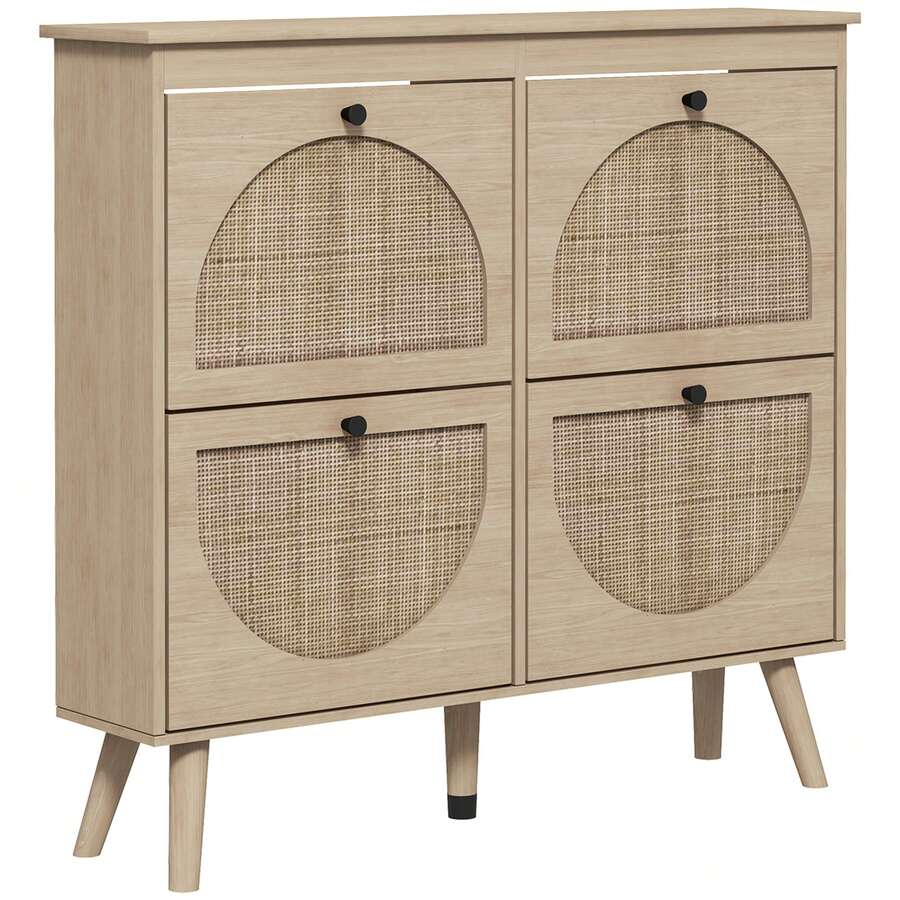 Zapatero con 4 puertas abatibles, capacidad para 20 pares, estante ajustable, estilo bohemio, patas de madera maciza, 105 x 24 x 97,5 cm, acabado natural. - Multicolor - Ver 1