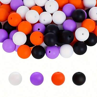 44 piezas de cuentas de silicona de Halloween, cuentas sueltas redondas de 9/12/15mm, para hacer joyas de otoño/invierno, para llaveros, bolígrafos con cuentas, kit para hacer cordones (naranja, púrpura, blanco, negro mezclado)