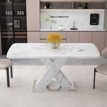 120CM-160CM Modern Rectangle Dining Table, Stretchable, With Printed White Marble Table Top+MDF X-Shape Table Leg With Metal Base - 白色 - 查看 3