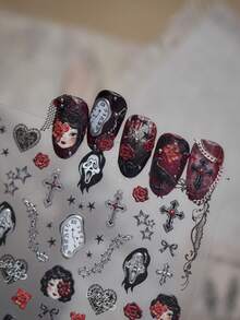 1 Gothic Style Halloween Nail Art Luxury Sticker, Skull Ghost Cross Raven Rose Clock Self-Adhesive Nail Art Charm Sticker, Dark Retro Horror Nail Art Decoration Sticker - Multicolor - View 5