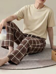 Men's Summer Crew Neck Casual T-Shirt And Casual Long Pants Loungewear Set - Apricot - View 1