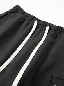 Black Wide Leg Cargo Pants For Women With Elastic Drawstring Waist Flap Pockets Relaxed Loose Fit Trousers For Daily Wear - Black - View 6