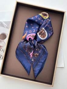1pc Square Satin Bandana Scarf Women Paisley Print Hair Head Wrap Shawl - Navy Blue - View 1