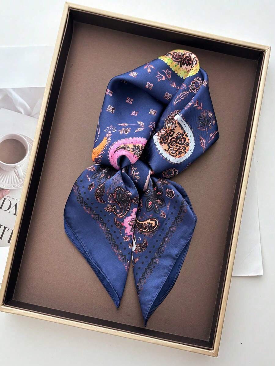 1pc Square Satin Bandana Scarf Women Paisley Print Hair Head Wrap Shawl - Navy Blue - View 1