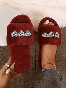 Retro Wine Red Plush Slippers For Women With Diamond Studded Heart Decoration, Exposed Toes, Straight Drag, Indoor Drag, Beach Fine Plush Lining - Burgundy - View 1