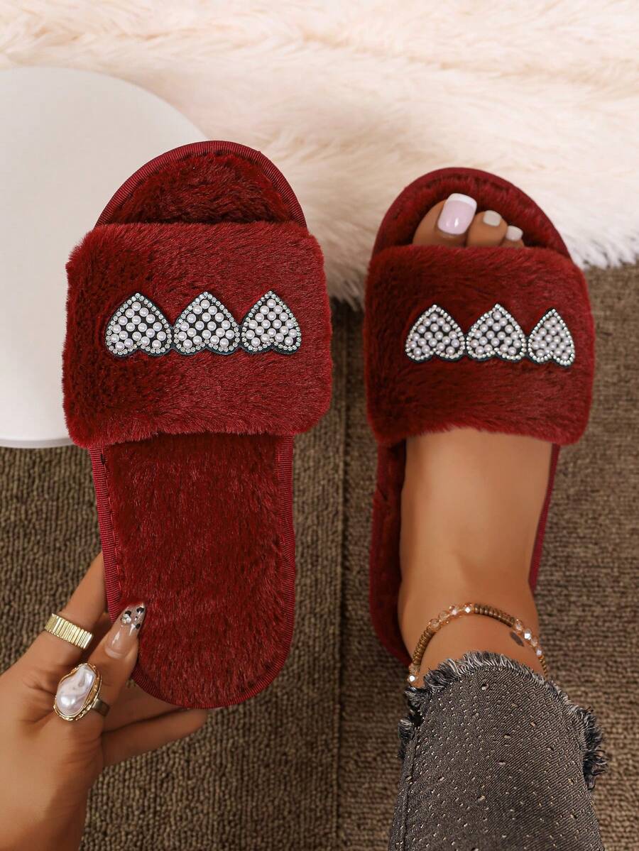 Retro Wine Red Plush Slippers For Women With Diamond Studded Heart Decoration, Exposed Toes, Straight Drag, Indoor Drag, Beach Fine Plush Lining - Burgundy - View 1