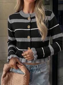 女款秋冬休閒優雅荷葉邊裝飾彩色條紋對比領開襟衫上衣，戶外穿著，返校穿搭 - 黑色 - 查看 7