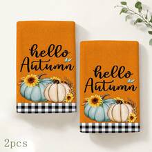2pcs Orange Autumn Pumpkin Print Kitchen Towels, Rustic Farmhouse Style Rectangular Absorbent Hand Towels, Hello Autumn Lettering, Sunflower And Black & White Plaid Design, Suitable For Thanksgiving Kitchen Decor 4/6/8pcs Set - Multicolor - View 9