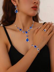 4 peças/Conjunto Elegante Conjunto de Joias Nupciais com Cristal Cintilante, Inclui Colar, Brincos e Pulseira, Luxuoso e Requintado, Adequado para Jantar Formal, Festa e Ocasiões de Casamento - Azul - Visão 1
