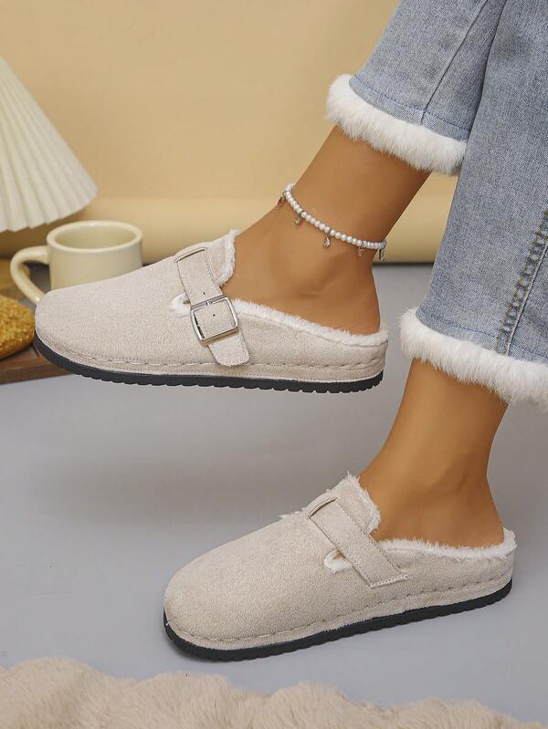 Women's Comfortable Soft Fur Lined Slip-On Closed Toe Mule Slippers With Buckle Design Casual Style Autumn/Winter Daily Home Slippers Beige Plus Size