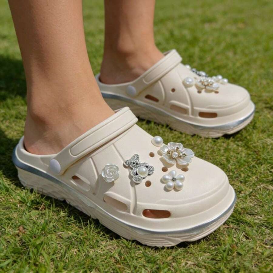 Jifffly Thick Sole Pearl Flower Clogs For Women, Sports Sandals, Camellia DIY Accessories, Closed Toe Slippers, Summer Height-Increasing Outdoor Wear, 2-In-1 Sandals