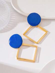 1 paire de boucles d'oreilles pendantes longues personnalisées minimalistes en émail bleu rond avec losange métallique creux géométrique multicouche, convient pour le port quotidien des femmes, petit cadeau pour les amies - Bleu azur - Voir 3