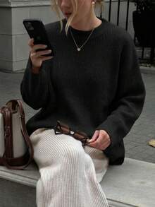 Women's Round Neck Vertical Striped Knit Sweater, Long Sleeve Loose Fit Pullover, Autumn/Winter Minimalist Basic Knit Top - Black - View 3