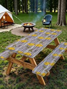 3 PiecesPicnic Tablecloth Set With Bench Cover, Elastic Edge Design, Line & Floral Pattern, Matching Floral Pattern, Washable Rectangular Tablecloth, Suitable For Weddings, Camping, Picnics, Garden Parties And More, Practical Essential - C - View 1