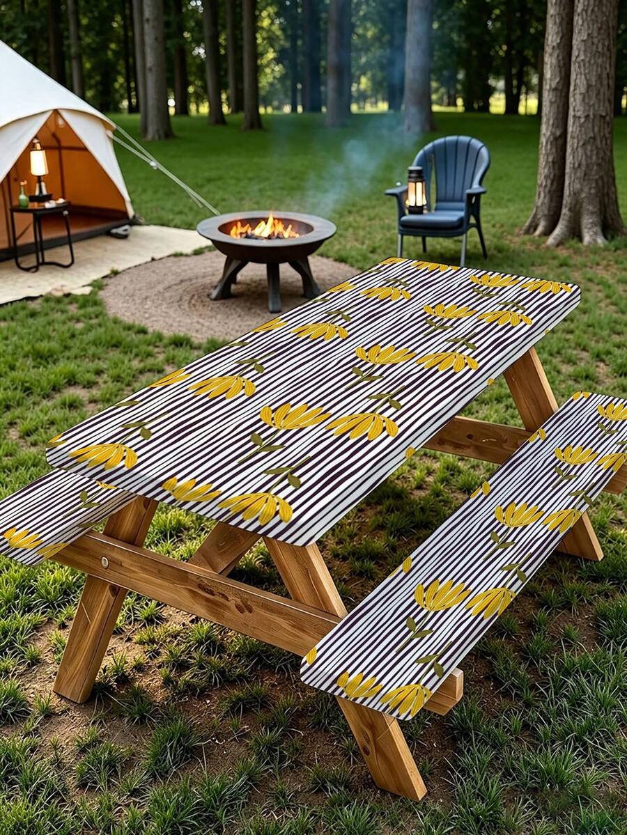 3 PiecesPicnic Tablecloth Set With Bench Cover, Elastic Edge Design, Line & Floral Pattern, Matching Floral Pattern, Washable Rectangular Tablecloth, Suitable For Weddings, Camping, Picnics, Garden Parties And More, Practical Essential - C - View 1