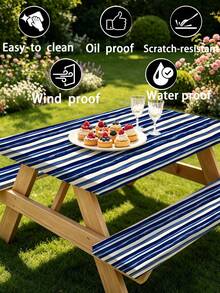 3 Pieces Picnic Tablecloth Set With Bench Cover, Elastic Edge Design, Striped Pattern, Washable Rectangular Tablecloth, Suitable For Weddings, Camping, Picnics, Garden Parties And More, Practical Essential - E - View 9