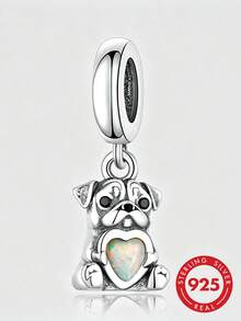 HuooNew 1pc S925 Sterling Silver Pug Dog Pendant, Cute Pet Heart-Shaped Pug Charm For DIY Bracelet Beads - Silver - View 1