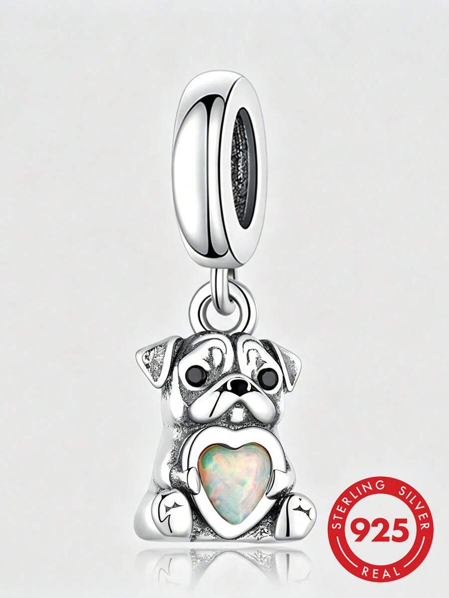 HuooNew 1pc S925 Sterling Silver Pug Dog Pendant, Cute Pet Heart-Shaped Pug Charm For DIY Bracelet Beads - Silver - View 1