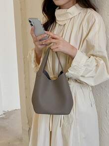 Elephant Gray Litchi Textured Vegetable Basket Bag, Women's Mother-Daughter Style Handbag & Shoulder Bag, Large Capacity Minimalist Commuter Bag - Grey - View 3