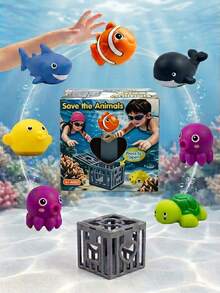 Save Ocean Animals Diving Pool Blind Box Doll Set, Underwater Sinking Cage With Random Soft Rubber Ocean Animal Figures, Fun Underwater Catching Game Bath Pool Interactive Water Play Blind Box Doll, Suitable For Children - Multicolor - View 1
