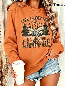 Suéter gráfico de campamento para mujer - "La vida es mejor junto a la fogata" Diseñ de montaña y árbol de pino, suéter de cuello redondo cálido para otoño e invierno, de elastici - Naranja 3 - Ver 3