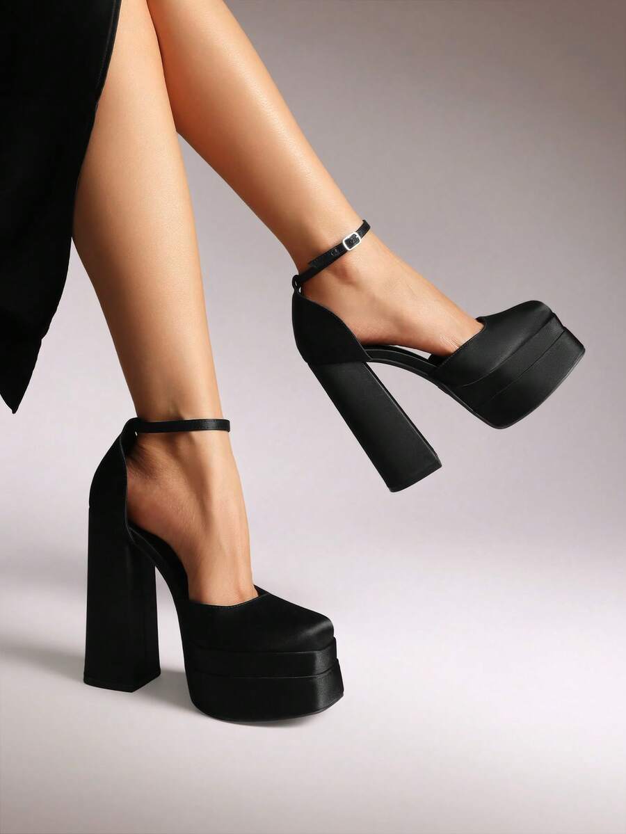 Women's Square Toe Block Heel Chunky Platform Wedding Shoes, Adjustable Ankle Strap Pumps For Prom