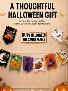 Custom Halloween Banner Set, Spooky Personalized Family Name Party Backdrop, Pumpkin Ghost Bunting, Customized Name Wall Decor, Customizable Garland For Home Party, Fall Holiday Gift, Halloween Decorations, Garden, Living Room, Family And Friends - Style a - View 4