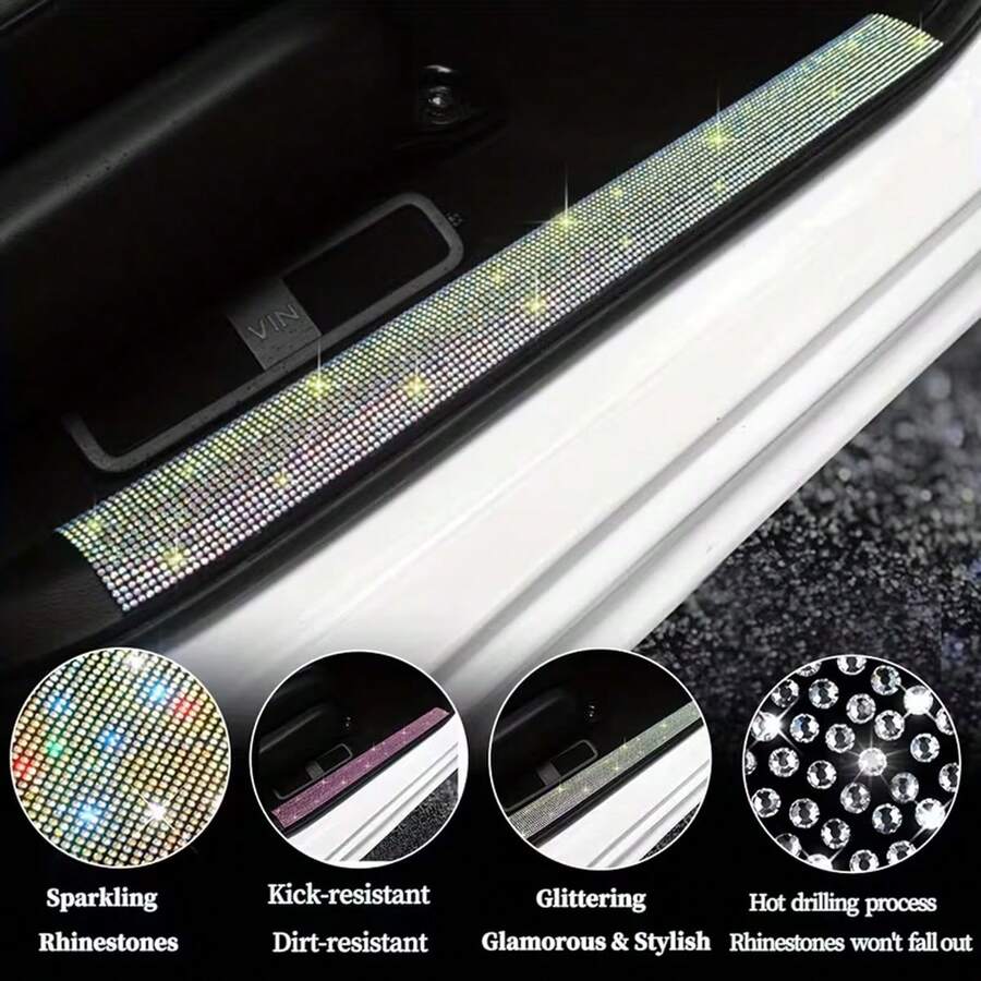1 pieza Protector de umbral de puerta de coche con strass completo, protector de marco de puerta, pegatina antideslizante, tira antidesgaste y antirayaduras, decoración universal para el interior del coche