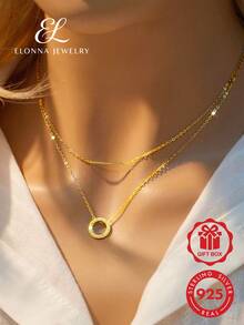 SYMFNY 1pc 925 Sterling Silver Gold Round Open Cubic Zirconia Layered Bar Necklace - Yellow Gold - View 2