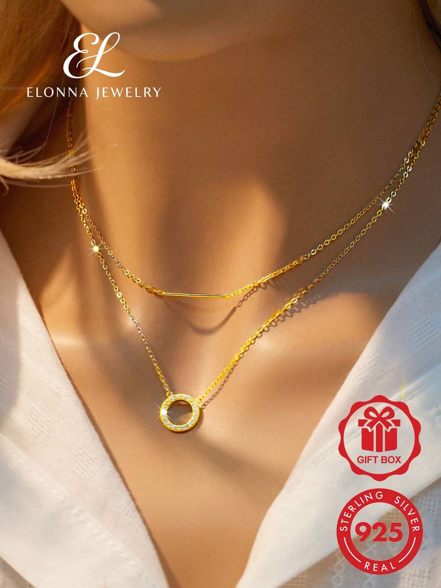 SYMFNY 1pc 925 Sterling Silver Gold Round Open Cubic Zirconia Layered Bar Necklace