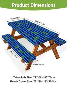 3 PiecesPicnic Tablecloth Set With Bench Cover, Elastic Edge Design, Line And Floral Pattern, Matching Pattern, Washable Rectangular Tablecloth, Suitable For Weddings, Camping, Picnics, Garden Parties And Other Occasions, Practical Essential - D - View 3