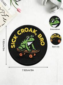 1件滑板青蛙圖案刺繡貼布 -「Sick Croak」刺繡燙貼貼布 - 龐克青蛙設計，適用於帽子、背包、狗胸帶、軍用背心、健身包、頭盔、DIY禮物 - 圓形 - 查看 2