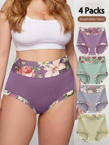 4 Packs Plus Size High Waist Briefs For Women, Soft & Comfortable Everyday Panties With Floral Print Design - Multicolor - View 2