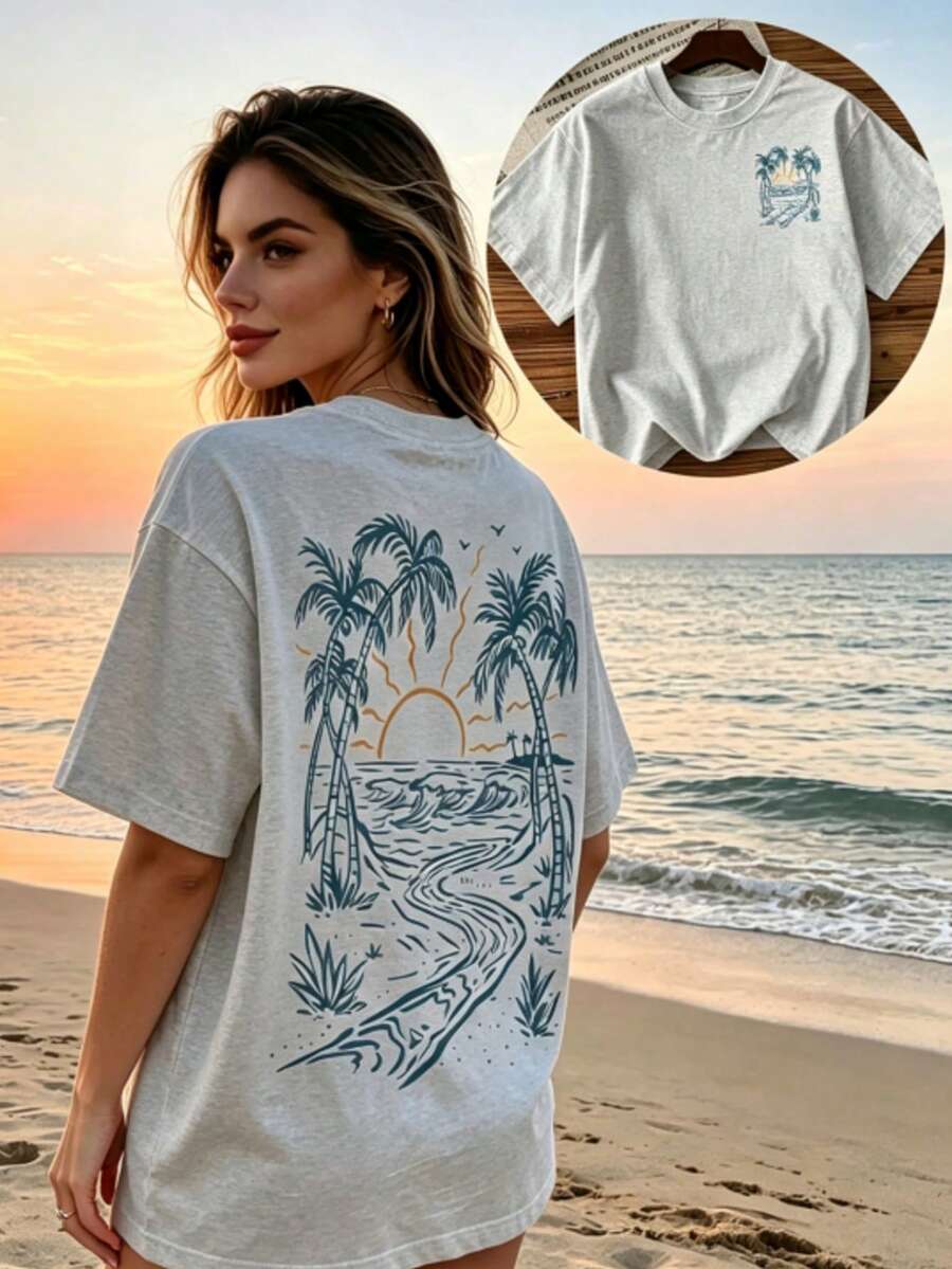 Letter Print T Shirt Women, Casual Loose Fit Round Neck Short Sleeve T-Shirt, Summer Graphic Tee, Basic Slogan Top, Everyday Wear, Women's Casual Tee - 灰色 - 查看 1