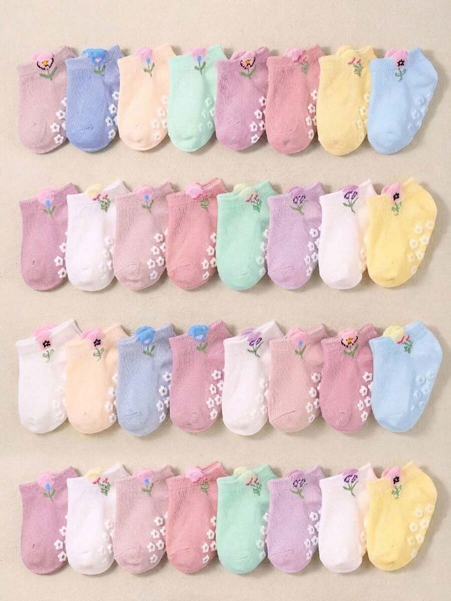 24/12/6 Pairs Random Grip Socks, Girls Autumn Socks, Floral Pattern, Newborn Essentials Baby Accessories, Baby Baptism Gift Autumn Decoration, Halloween - Multicolor - View 1