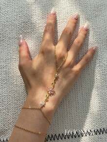 EchoNest 1pc Gold-Colored Stainless Steel Pink & White Flower Green Leaf Finger Chain Bracelet With Zirconia, Vacation Party Finger Chain Decorative Accessory - Yellow Gold - View 2